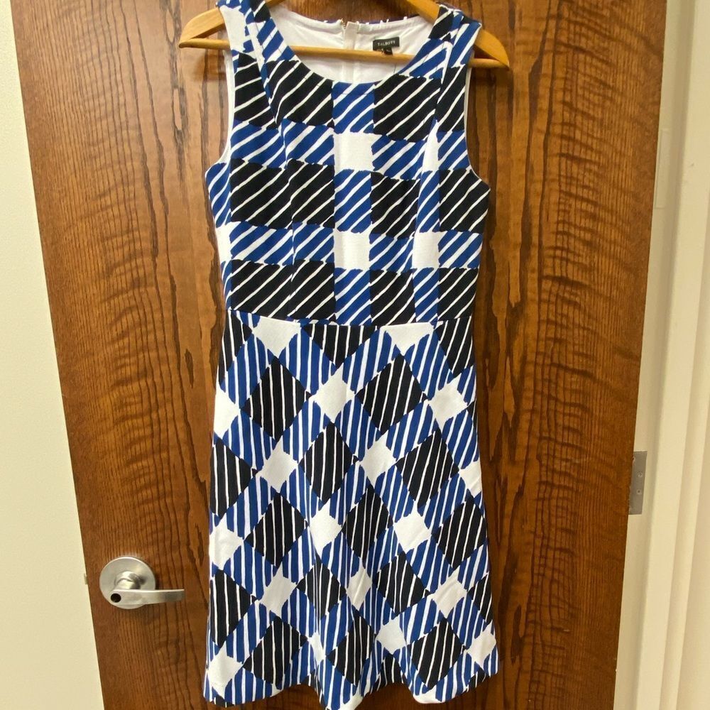TALBOTS blue, black, and white plaid print sleeveless fit and flare dress